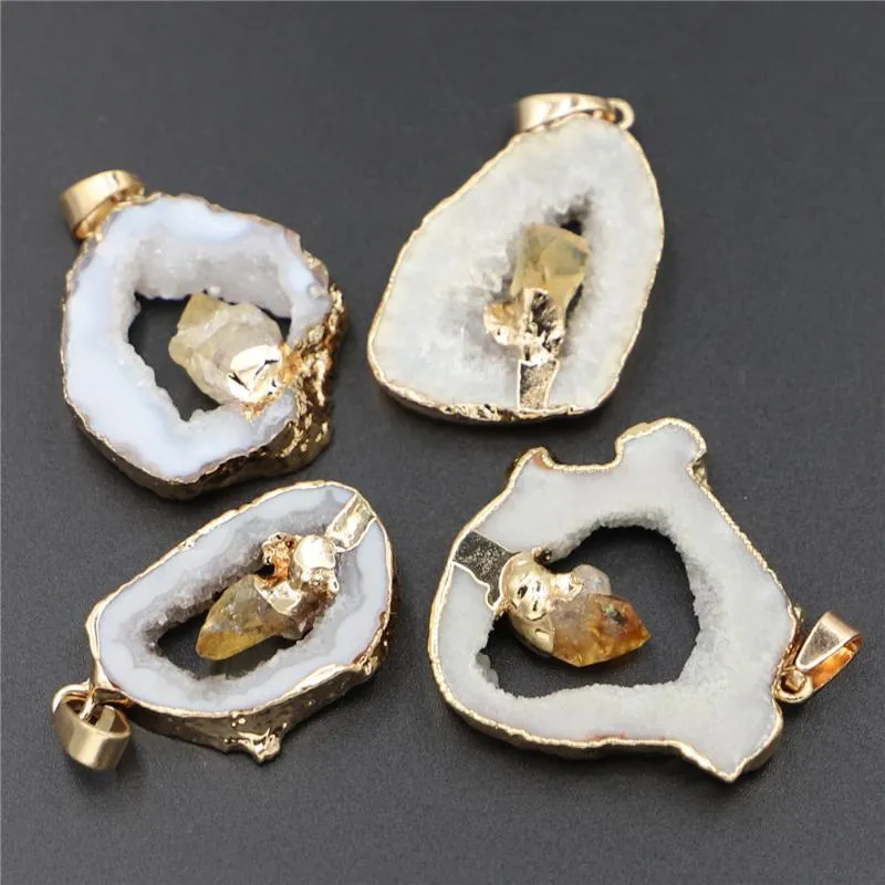 Anhänger Halsketten Geode Agenat Slice Anhänger eingelegt natürliche Citrines Punkt unregelmäßige Form Stein Elegant Quarzs Schmuckpendant