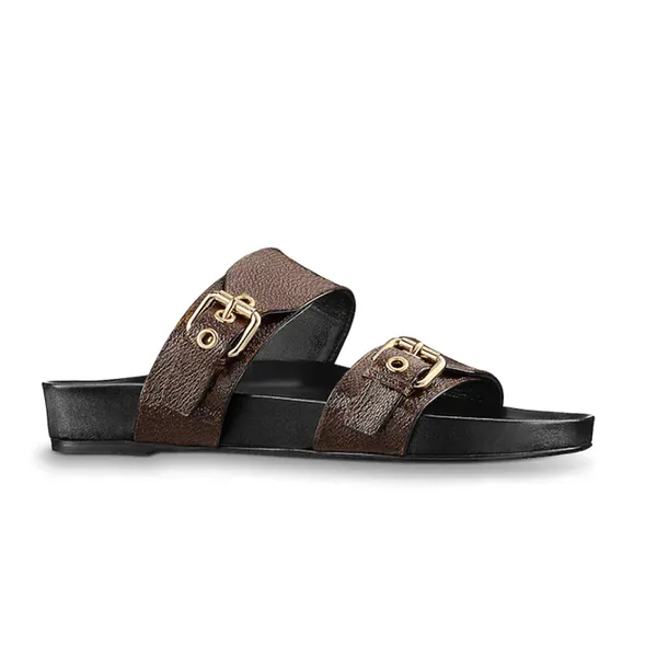 Dames Mens Designer Muile Hules Sliders Luxe Leer Lage Mule Bom Dia Golden Gesp Twee riemen Sandal Summer Flip Flops 35-46 No35