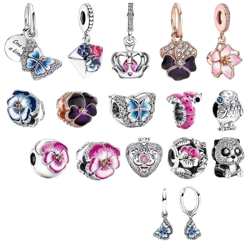 Toptan 20 adet Kelebek Çiçek Panda Baykuş Tırtıl Taç Viola Üç Renkli Gümüş Charms Kolye Boncuk Fit Pandora Bilezik Avrupa Charm Boncuk Takı DIY