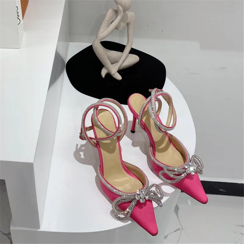 Women Trendy High-heeled Sandals Made Of Silk With Crystal Bow Pointed Thin Heel Sandals With Size 34-40