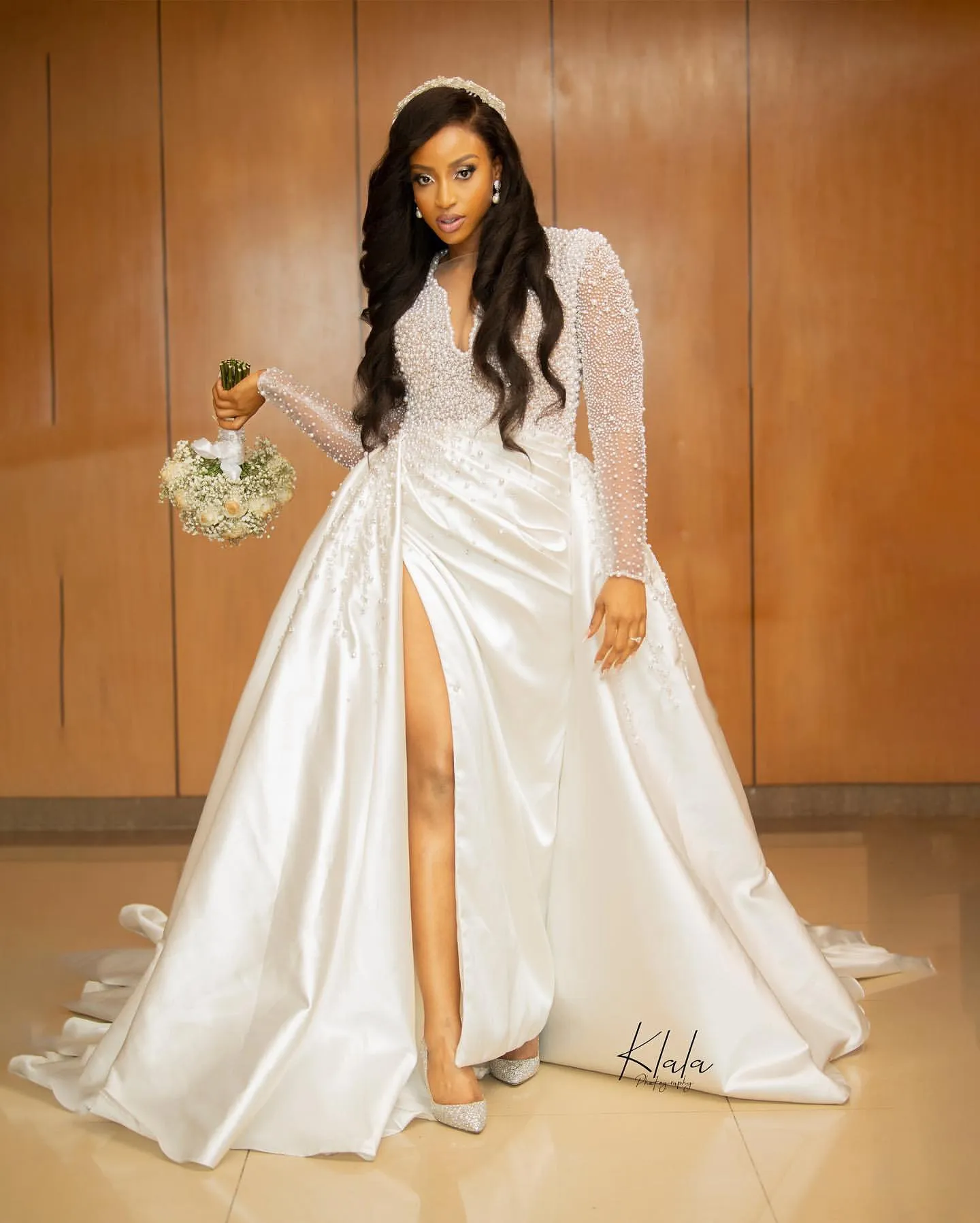 Satin beaded wedding dress hotsell