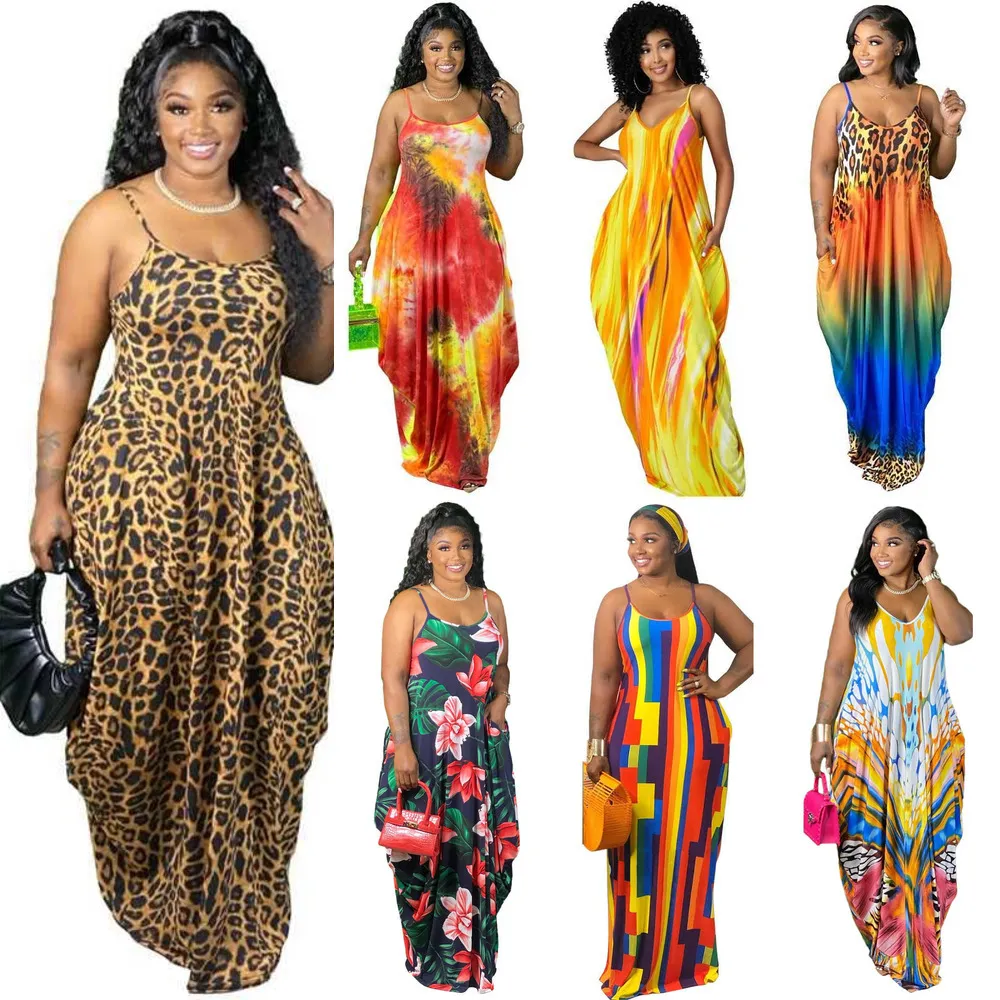 Summer Women Floral Printed Suspender Loose Dress Plus Size Tie Dyed Colorful Robe Maxi Beach Dresses For Women Clothing L-5XL