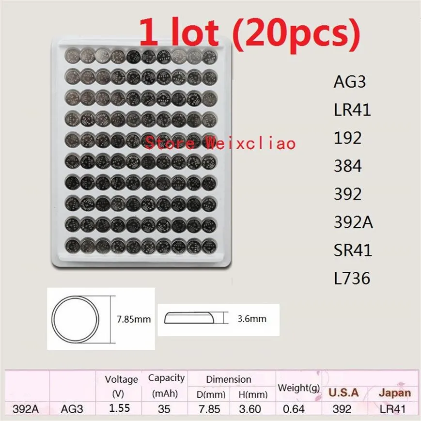 20pcs 1 lot AG3 LR41 192 384 392 392A SR41 L736 1.55V Alkaline Button Cell Battery coin batteries tray package 217r