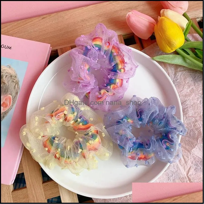 Korean Sweet Women ELastic Hair Bands Lace Rainbow Print Hair Ties Rope Girls Mesh Scrunchies Headwear Tulle Hair Accessories