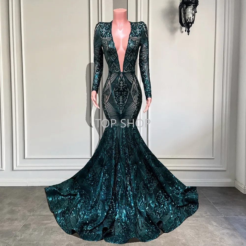 Długie rękaw Prom Dresses 2022 Sexy Mermaid Sheer Sparkly Emerald Green Cekinowe Czarne Dziewczyny Prom Gala Party Suknie EE