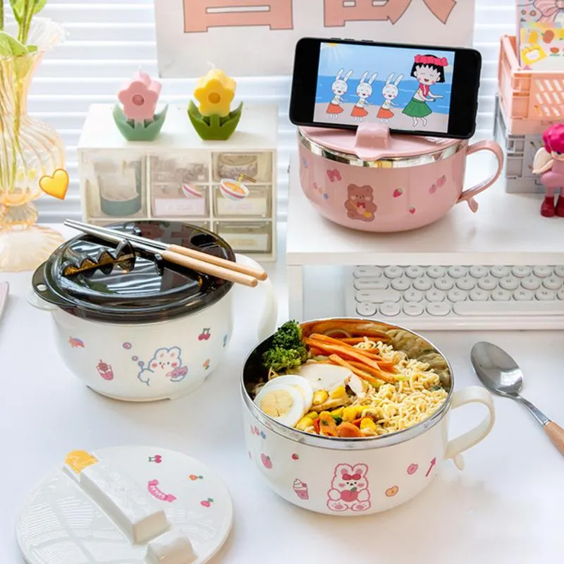 Dinnerware Sets Stainless Steel Lunch Box Set Pot Belly Cute Instant Noodle Bowl With Lid Handle Japanese Kawaii Bento BoxDinnerware