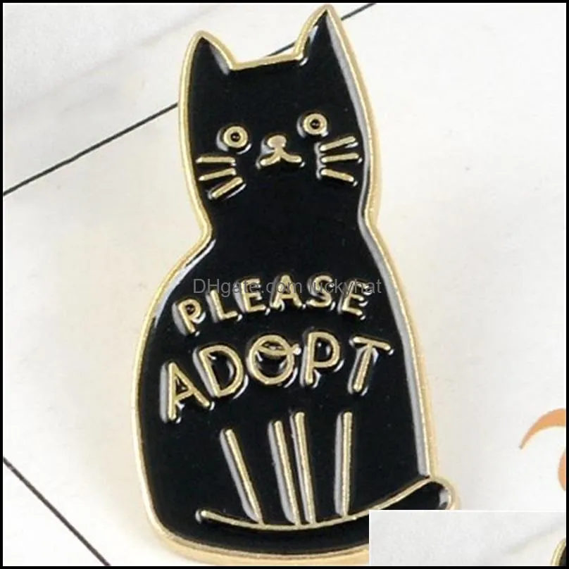 Black Enamel Cat Brooches Button Pins for clothes bag Please Adopt The Badge Of Cartoon Animal Jewelry Gift for friends C3