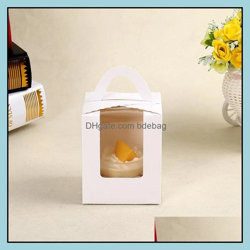 Pure Color Single Cupcake Box with PVC Window & Handle Paper Muffin Boxes Wholesale Free Shipping wen5767