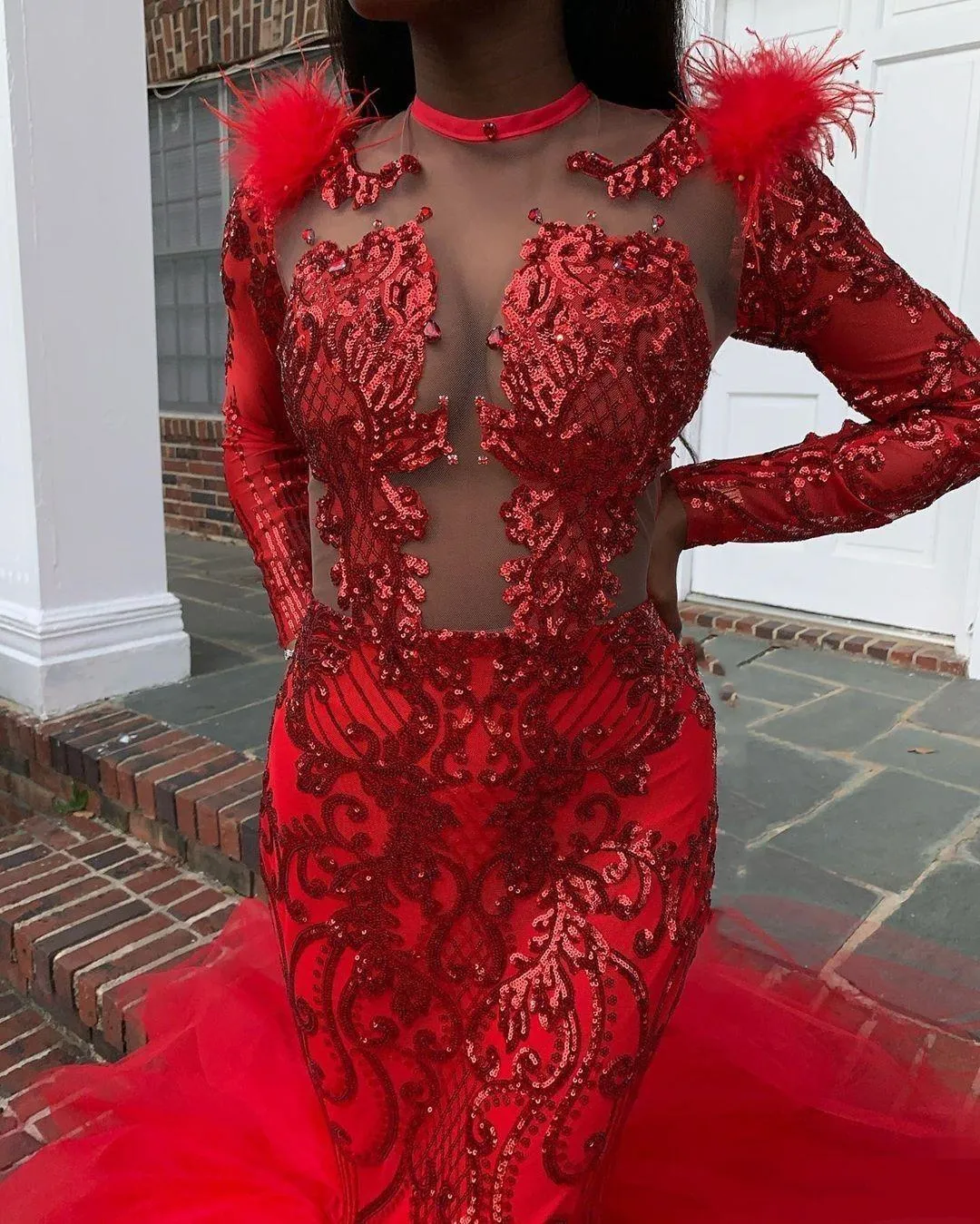 Sparkling Dark Red Sequined Lace Feather Mermaid Red sparkly prom dress for Black Girls - 2022 Collection with Long Sleeves, Jewel Neckline, and Sparkling Dark Red Sequined Lace Feather Mermaid Red sparkly prom dress for Black Girls - 2022 Collection with Long Sleeves, Jewel Neckline, and