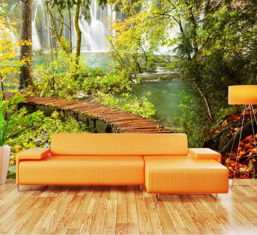 papel parede 3d Custom 3d wallpaper living room bedroom wooden bridge landscape fores tMural TV sofa background wall murals home improvement