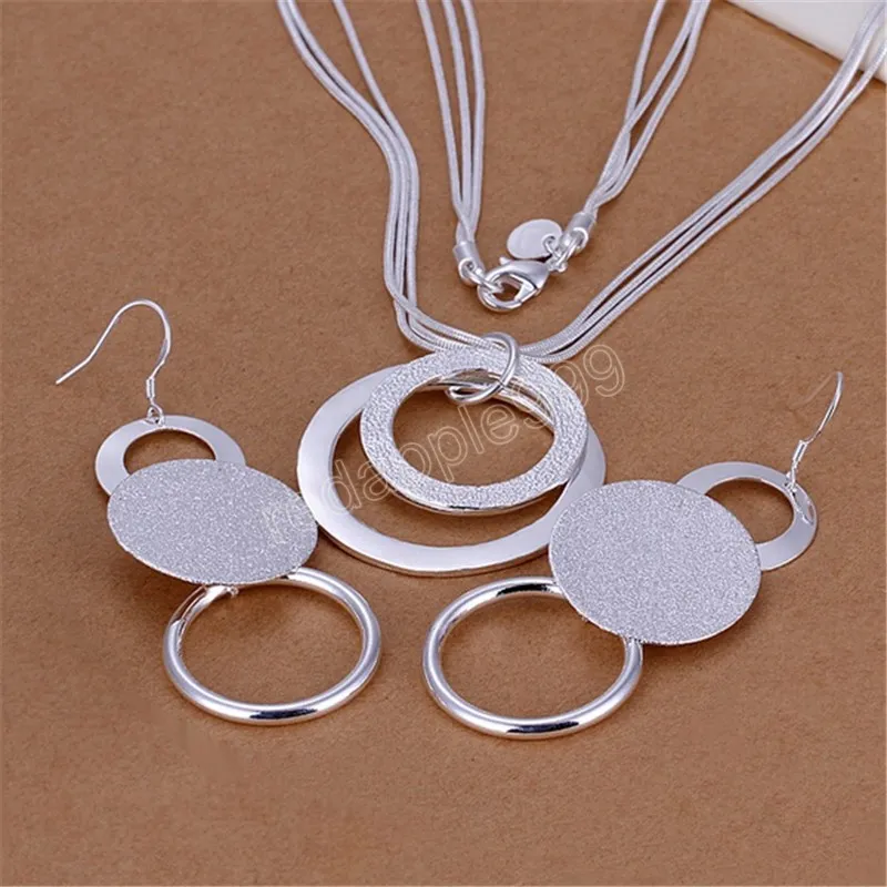 Charm 925 zilveren kleur oorbellen ketting sieraden set voor dames mode feest geschenk meisje student elegant frosted circle bruiloft