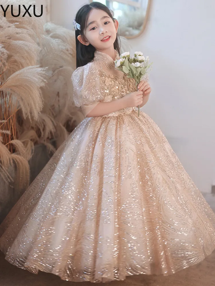 Champagne Princess Flower Girls Dresses Wedding Sequined Lace Tulle Puffy Party Children For Birthday Ball Gown Girl Pageant GOWNS 403