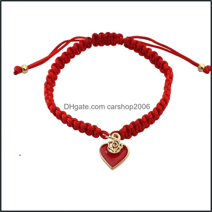 handmade braided love heart shape chain bracelet women lucky red rope knot for valentine`s gift charm bracelets