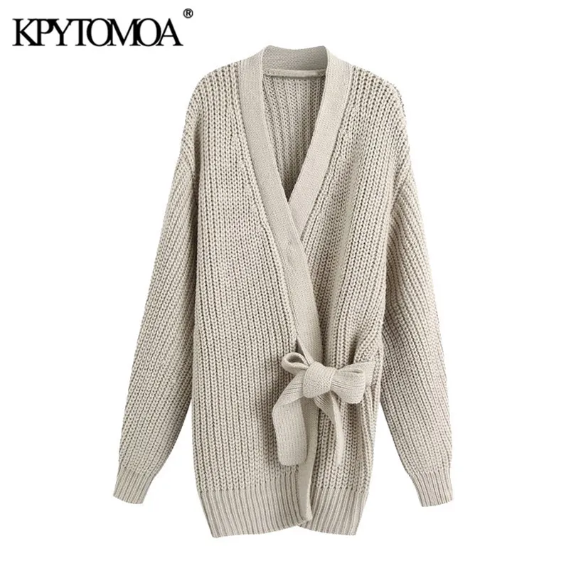 KPYTOMOA Femmes Mode avec Wrap Attaché Cardigan Tricoté Pull Vintage Manches Longues Lâche Femelle Survêtement Chic Tops 210204