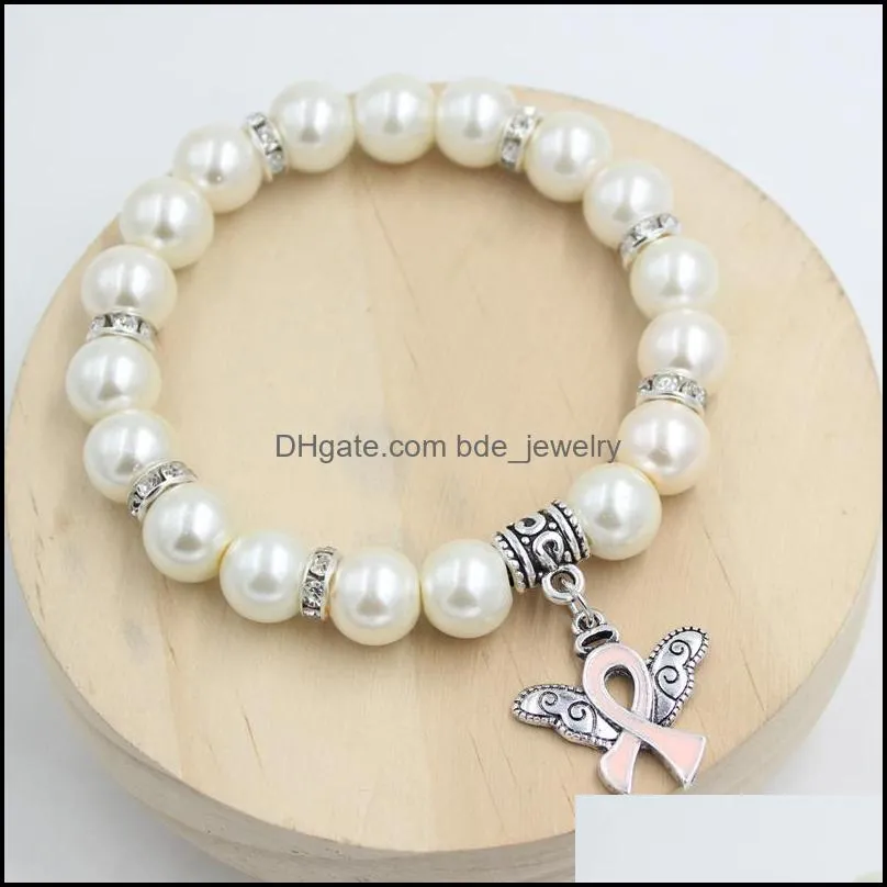 Wholesale New Arrival Pearl Bead Breast Cancer Awareness Bracelet Angel Wings Pink Ribbon Charms Bracelet Jewelry for Cancer Center