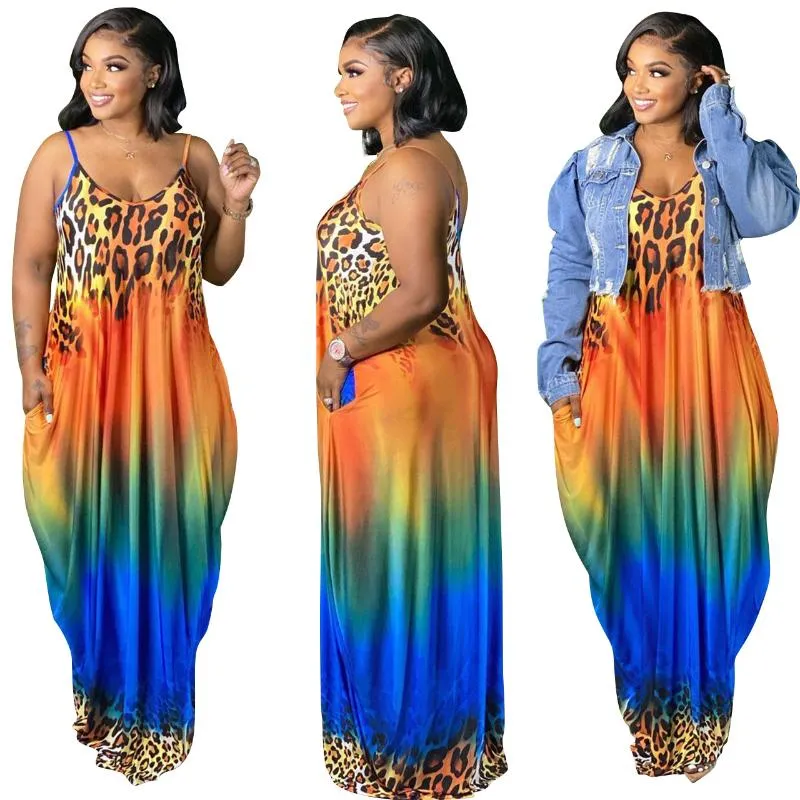 Plus Size Dresses Women Long Maxi Dress Print Spaghetti Strap V-neck Loose Floor Length Pockets Female High Street Fashion Robe Sundresses