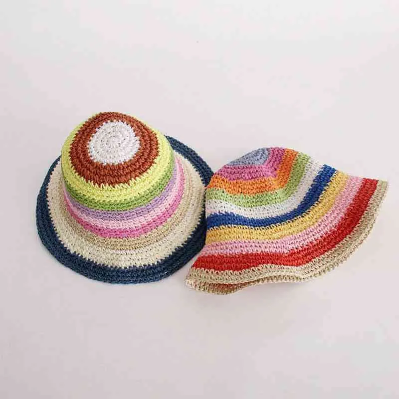 2022 Summer Straw Crochet Bucket Women's Foldable Panama UV Sun Cap Boho Colorful Stripes Fishing Vacation Beach Hat