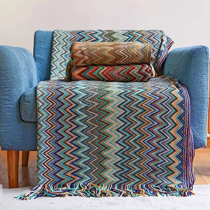 Boho Knitted Throw Blanket With Tassel Super Soft Cozy And