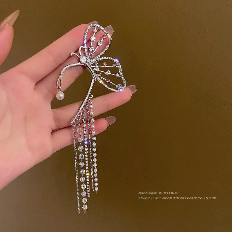Dangle & Chandelier KunJoe Fashion Crystal Butterfly Clip On Earring Pearl Beads Ear Cuff Long Tassels Charm Hollow Earrings For Women Jewel