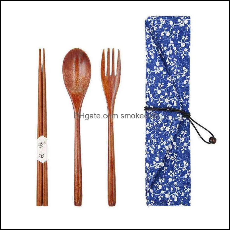 Tableware Portable Wood Wooden Cutlery Sets Travel Dinnerware Suit Environmental with Cloth Pack Gifts Set 0221