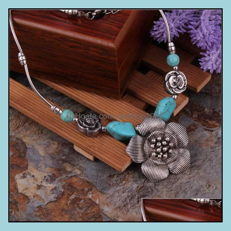 women`s rose flower tibetan silver turquoise pendant necklaces dmtqn041 fashion gift national style women diy necklace pendants