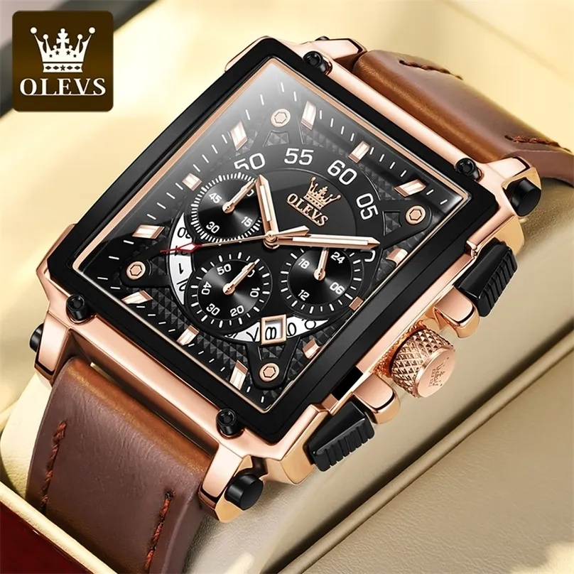 Olevs Erkekler İçin Orijinal Saat Üstü Lüks Hollow Square Sport Saatler Moda Deri Kayış Su Geçirmez Kuvars Bilek Swatch 220526