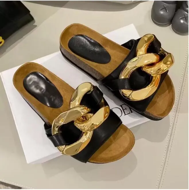 Women sandals JW designer Slippers England Genuine Leather Cowskin Scuffs Slipper Wood Bottom Flat Heels Gold Chain Slides Sandals high quality Luxury Shoes