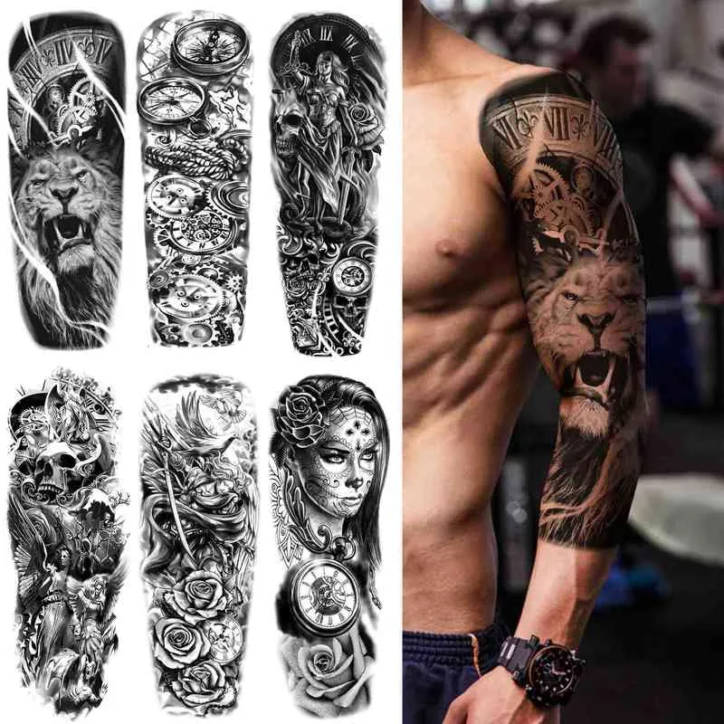 NXY tatouage temporaire bras complet roi Lion s pour hommes femmes adulte fausse horloge crâne fleur autocollant manches noires Tatoos Kits ensemble 0330