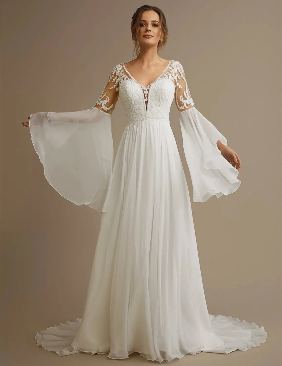 2022 Boho A Line Chiffon Wedding Dress Flare Long Sleeve Country Brudklänningar Lace Appliques Illusion Open Back Chic Summer Bride Dresses Custom Made Made