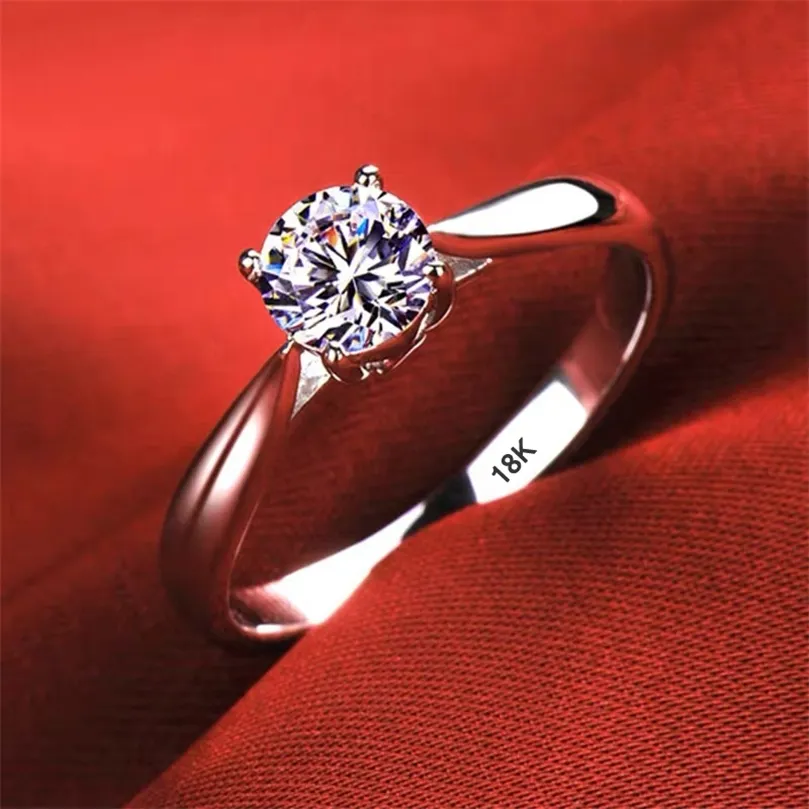 Luxe 18K Or Blanc Couleur Tibétain Argent 925 Bague Coupe Ronde Zircone Diamant Mariage Bande De Fiançailles Bijoux De Mariée Femmes Cadeau 220728