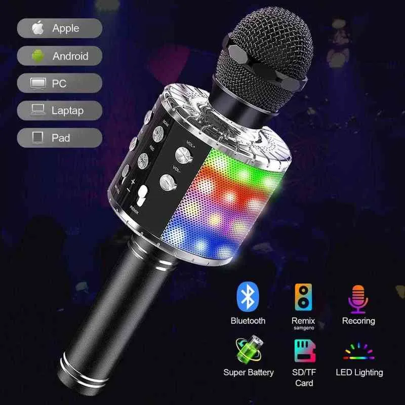 Microfones Wireless Karaoke Microphone 4 In 1 Bluetooth Microphone for Kids with LED Lights Speaker Record Remix Function T220916