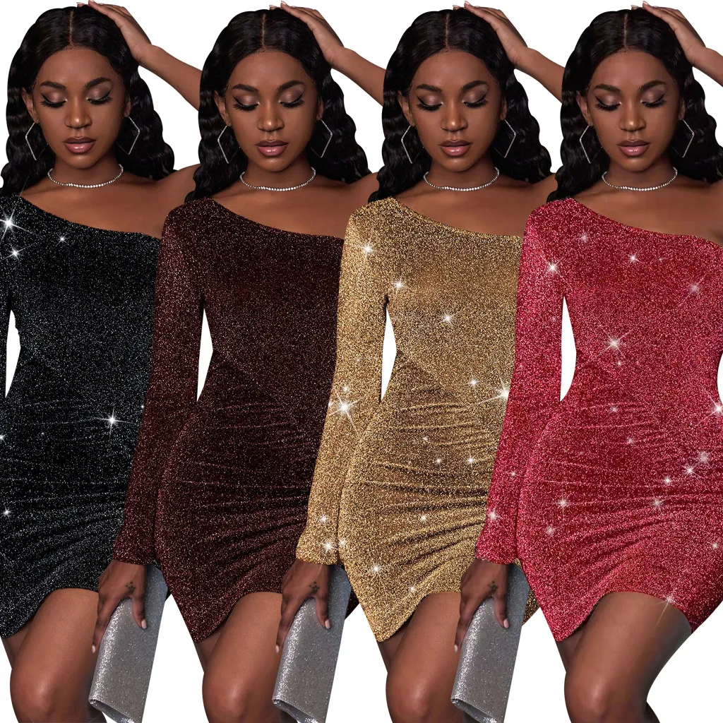 Moda quente nova sexy slims mulheres vestidos de festa 2023 verão mulheres camisas de um ombro bonito único magro manga longa bling bling vestido 10915