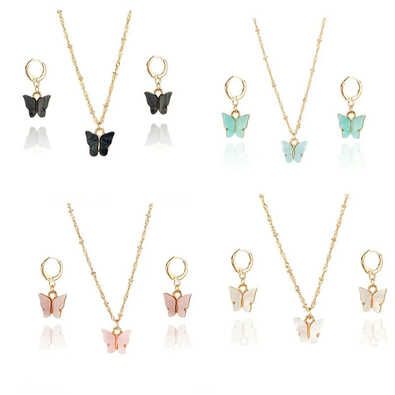 Schattige acryl vlinder oorbellen hangluispekjes combinatie sieraden set zoete stijl legering ketting