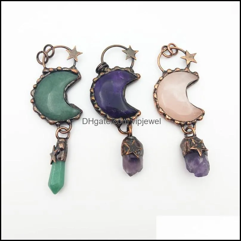 pendant necklaces bronze soldered moon shape natural gemstone green adventurine amethyst rose quartz healing crystal woman jewelry