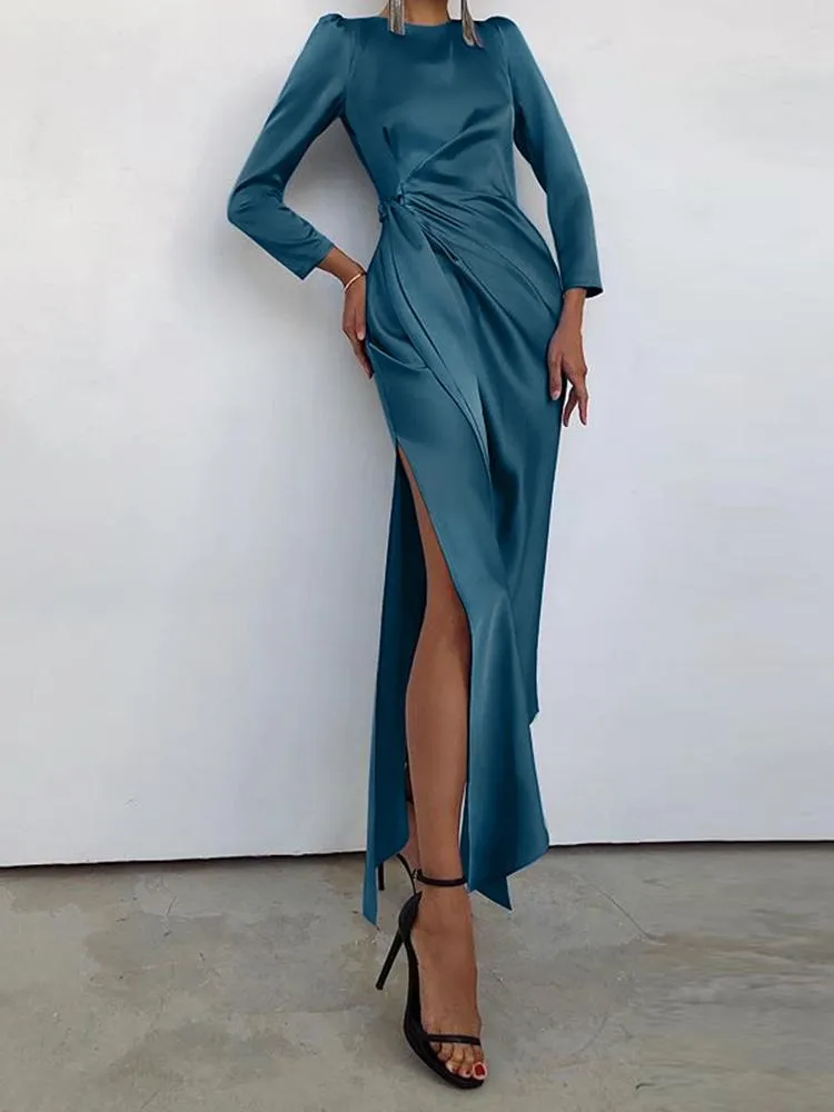 Casual Dresses Celmia Women Elegant Satin Party Dress Sexig Slit Hem BodyCon Long 2022 Fashion Sleeve Solid Knutted Sashes Vestidoscasual