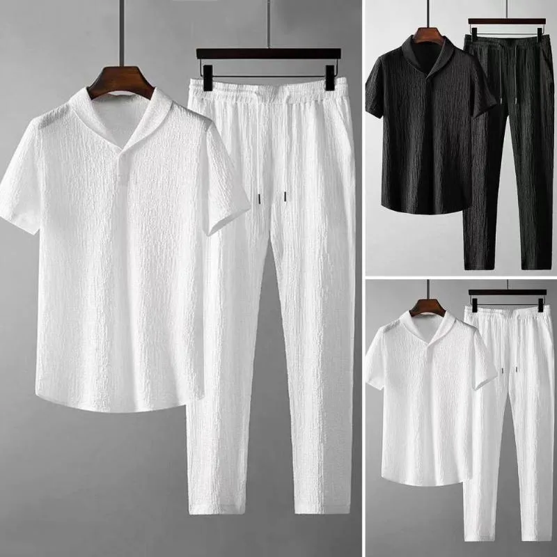 Herrspårsdukter ropa hombre 2st/set menturn-down collar elastic midjeband veckad avslappnad outfit kort hylsa skjorta dragskot långa byxor s