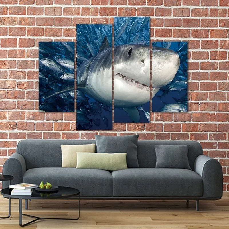 4 Panels KIT Frameless Posters Canvas Wall Art Picture Print Great White Shark Canvas Paintings Wall Decorations for Living Room (8)