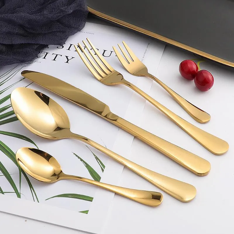 Flatware Sets Cutlery Set 5Pcs Shiny Gold Stainless Steel Dinnerware Forks Knives Spoons Tableware Kitchenware Serving SetFlatware