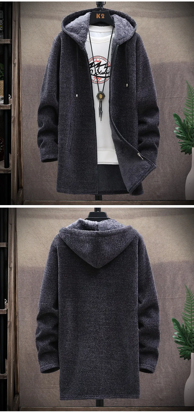 Mens Slim Fit Fleece Cardigan Winter Overcoat For Men With