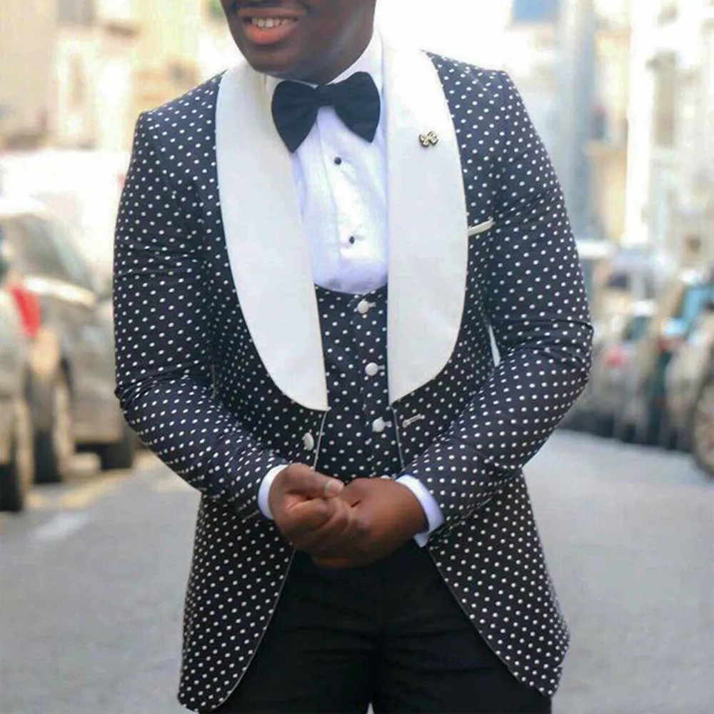 African Men Suits 3 Pieces Groom Wear Dots Wedding Tuxedos Stylish White Shawl Lapel Formal Business Suit Jacket+Vest+Pants Slim Fit Male Prom Party Blazer