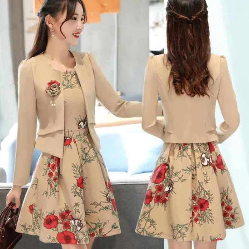 Work Dresses Fashion Slim Fit Blazer With Floral Print Sleeveless Dress Suits Two-piece Set Office Lady Women High Waist