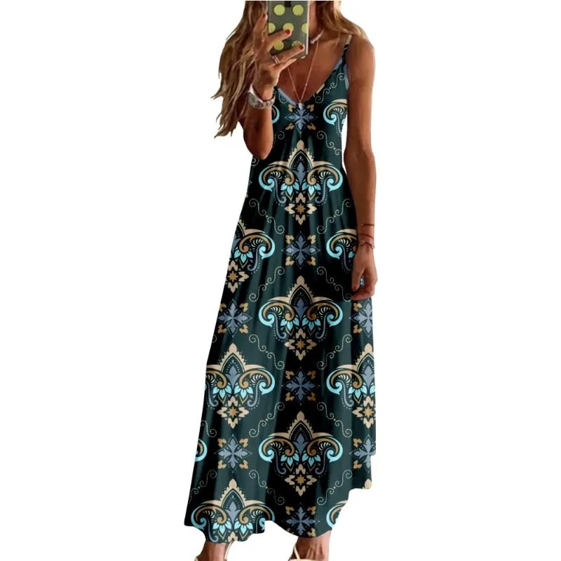 Casual Dresses Spring Summer Women V-Neck Vintage Pattern Printed Sexy Beach Long Maxi Dress Split Sleeveless Clothing Holiday VestidoCasual