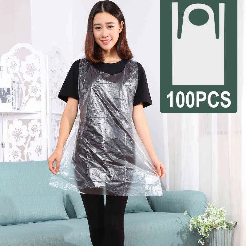 100Pcs/Set Clear Disposable Aprons Multifunctional Cleaning Cooking Painting Salon Apron Transparent Waterproof Apron Y220426