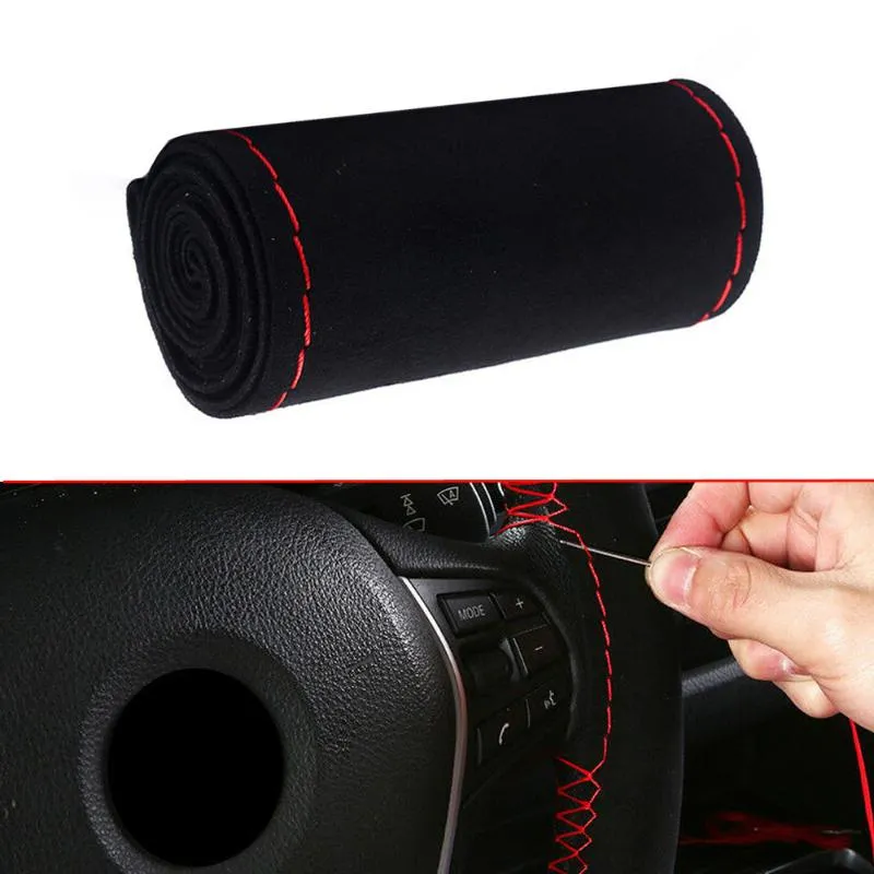 Steering Wheel Covers 1Pcs Soft Suede Red Line 15" Car Cover Anti-slip Protector Accessories 37-38cm Universal Hand Sewing DIY WomenSte