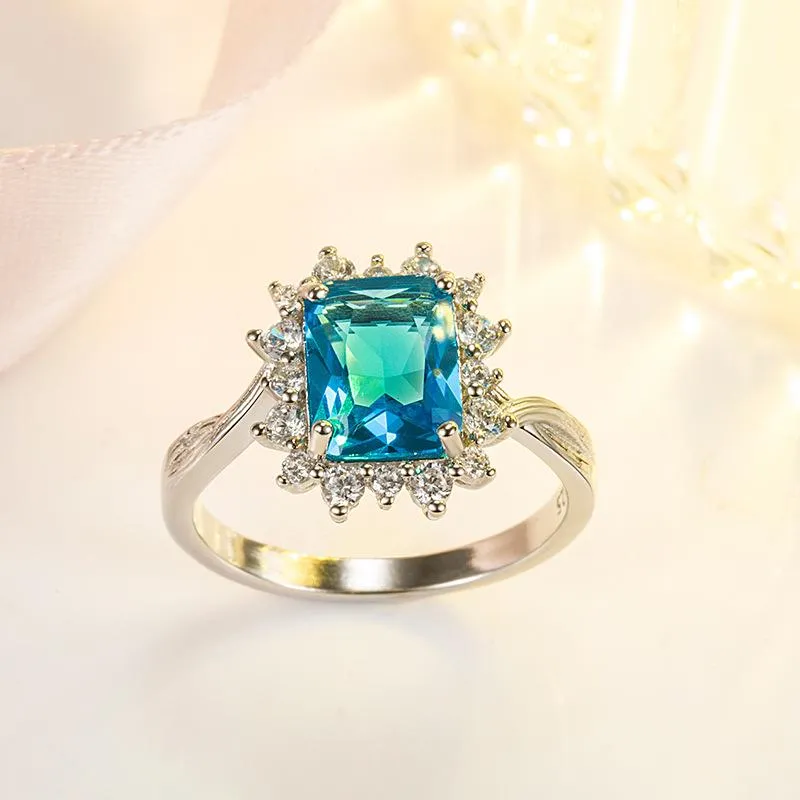 Wedding Rings Trendy Female Crystal Square Ring Classic Silver Color Engagement Dainty Blue White Zircon Stone For Women