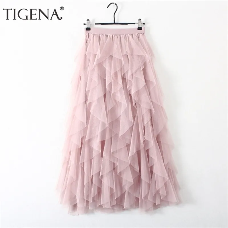 TIGENA Fashion Tutu Tulle Skirt Women Long Maxi Skirt Korean Cute Pink High Waist Pleated Skirt Female School Sun spodnica 210306