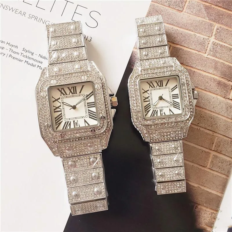 2022 Out Bling Diamonds Ring Klockor För män Kvinnor Hip Hop Square Roman Dial Designer Herr Quartz Watch Rostfritt stål Band Business Armbandsur Man Kvinna Unisex present