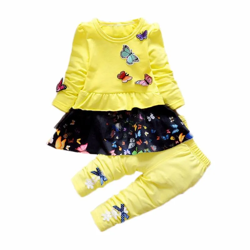 Set di abbigliamento Autunno Ragazze Pantaloni eleganti a farfalla 2 pezzi Vestiti per bambini Abiti in cotone per bambini Abbigliamento per bambini