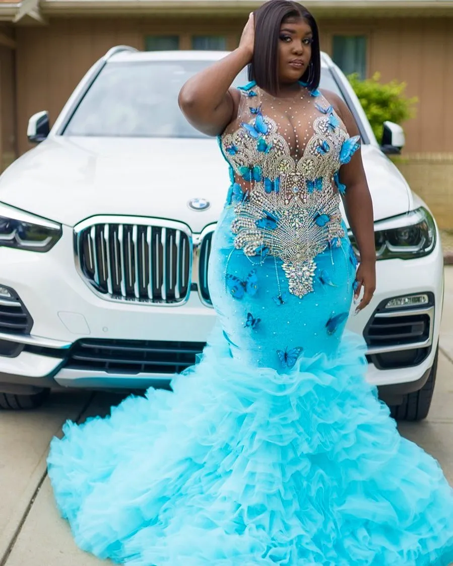 2022 Plus Size Arabo Aso Ebi Lussuoso Sirena Abiti da ballo sexy Cristalli con perline Serata formale Festa Secondo ricevimento Compleanno Abiti di fidanzamento Abito ZJ550