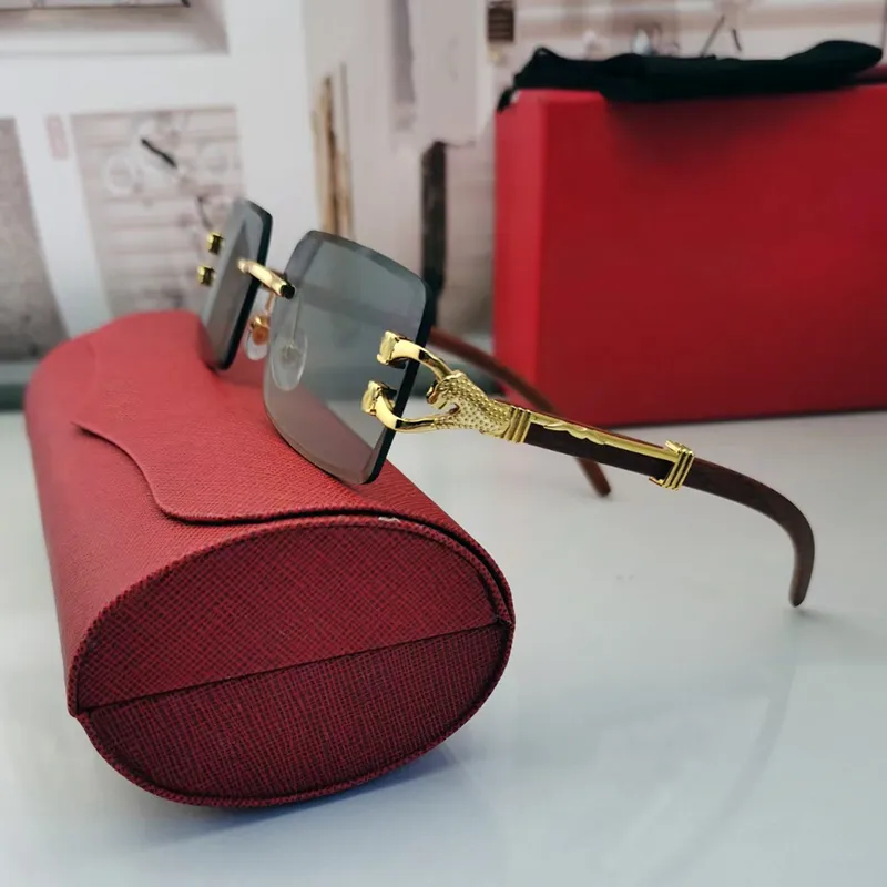 Tasarımcı Gözlükleri Kadın Güneş Gözlüğü Erkek Ahşap Gözlükler Altın Çerçeve Leopar Kafa Metal Tornavida Güneş Gölgeli